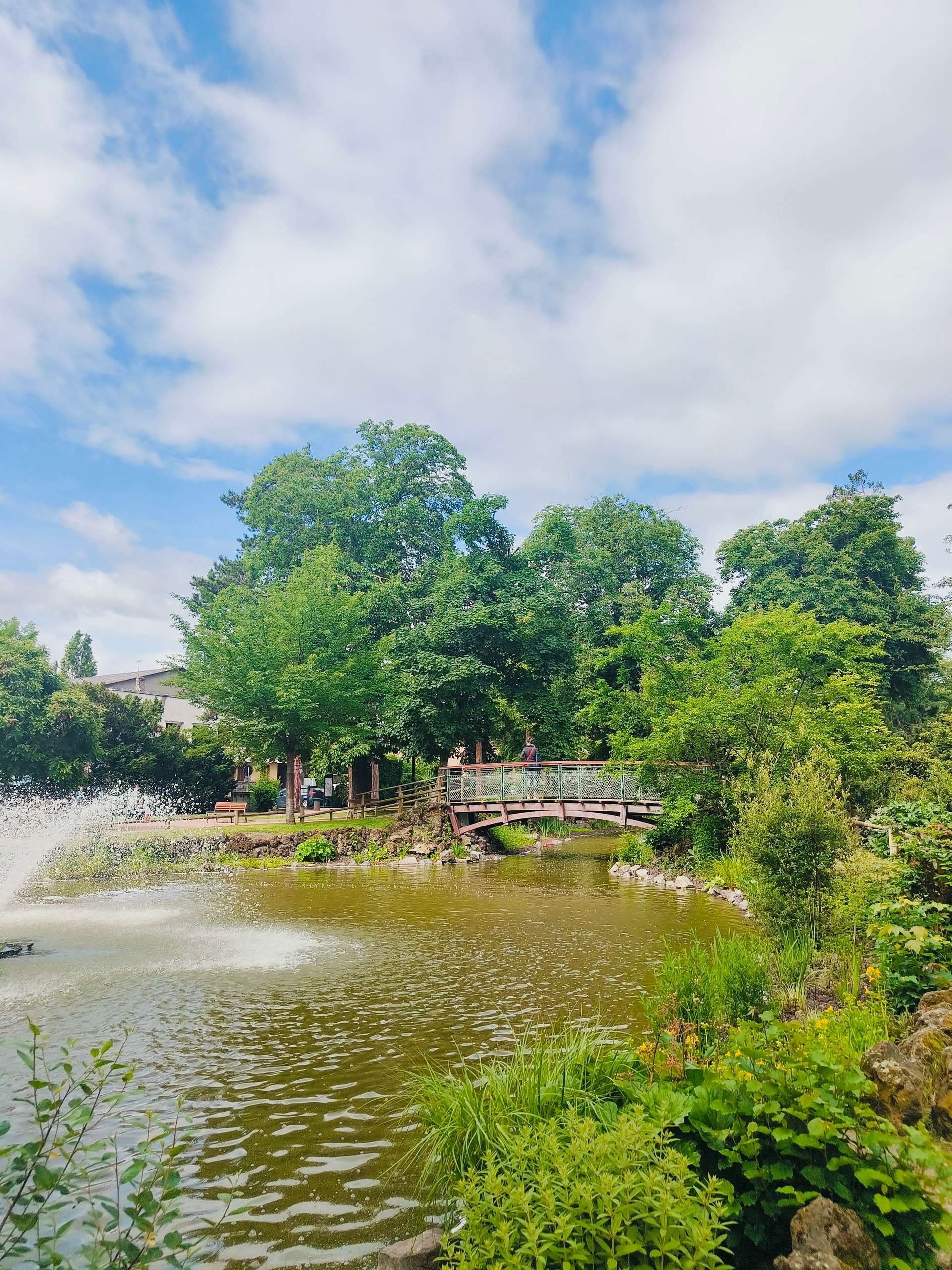 Pond with a fountain, lush trees and a small wooden bridge