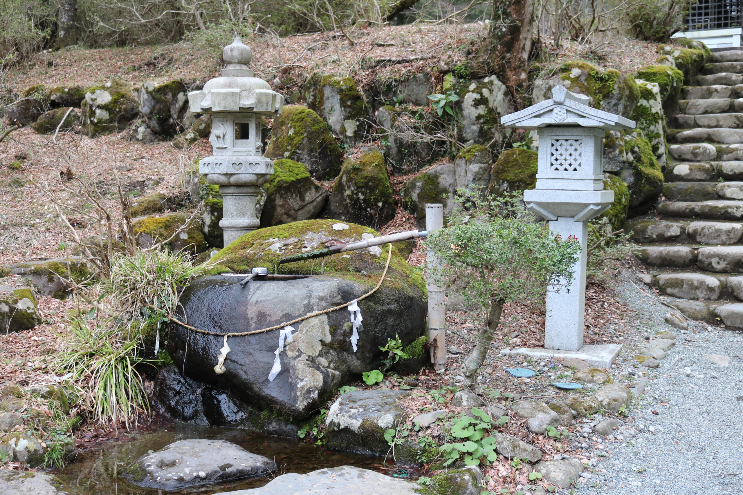 Stone lanterns beside a mossy rock garden and a flight of stone steps